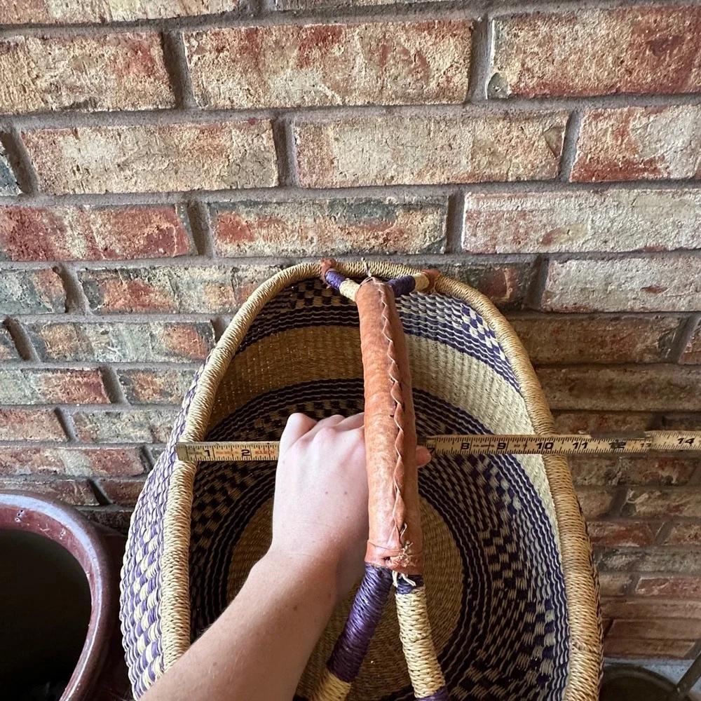 Handmade Woven Bolga Market Basket Purple Natural Straw Leather Handle
